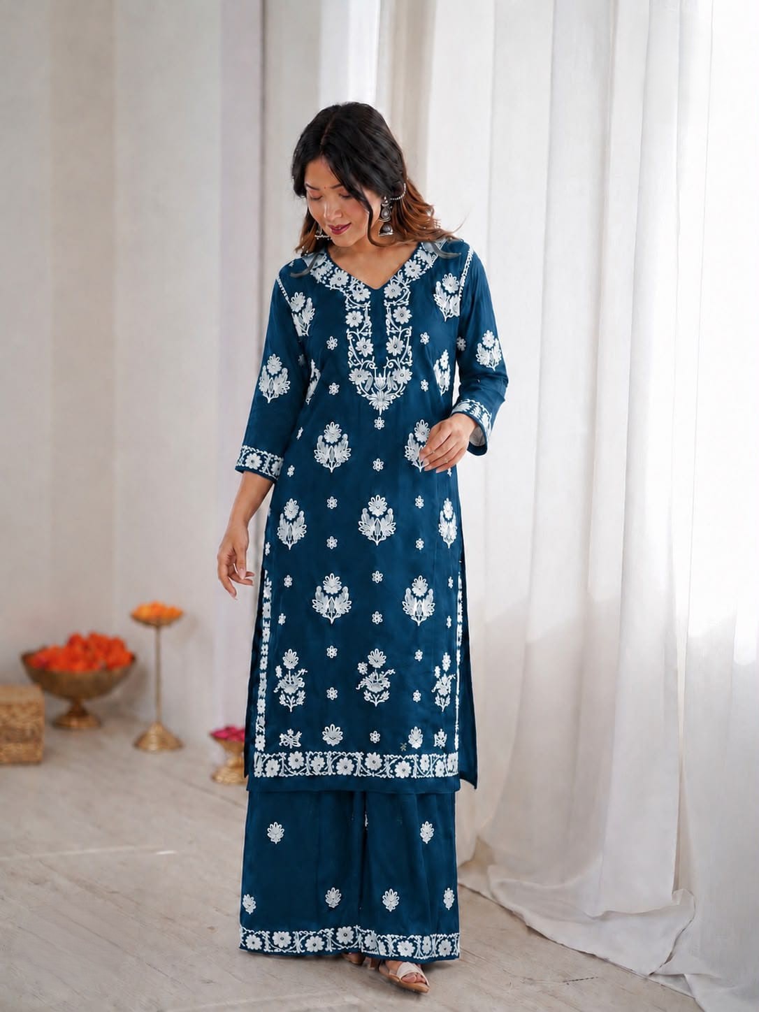 Trending Heavy Chikankari Rayon Kurti With Plazzo Set